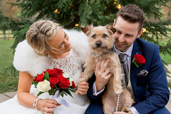A Bride and Groom with their dog during their winter wedding at Hyde House